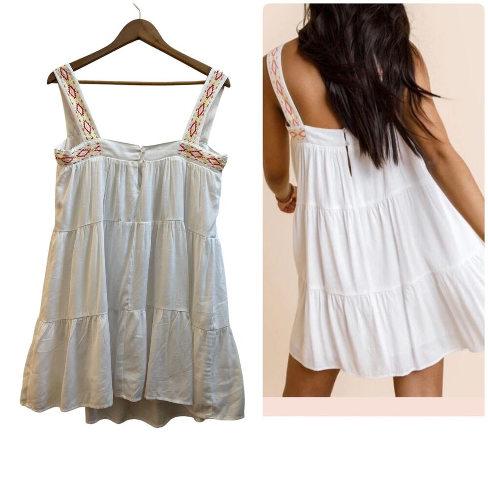 Blue Rain White Square Neckline Boho Tiered Mini Sun Dress Large 34 Inch Long - Picture 3 of 15
